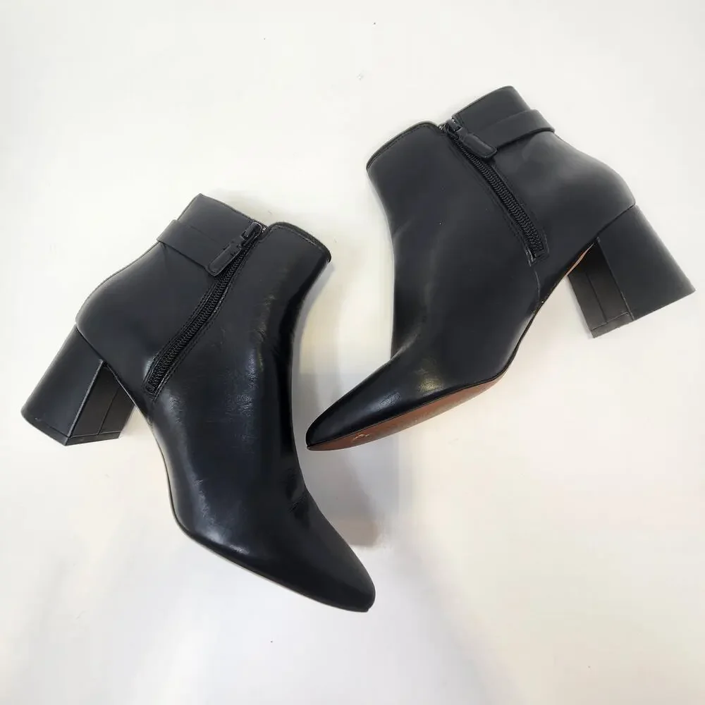 Cole Haan Ettie Buckle Black Leather Ankle Boots Women Size 8B Pointed Toe Zip